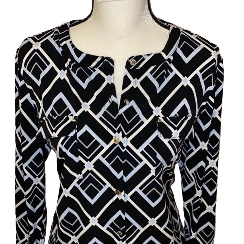 Dana Buchman Button Down Geometric Print Blouse - Picture 3 of 10